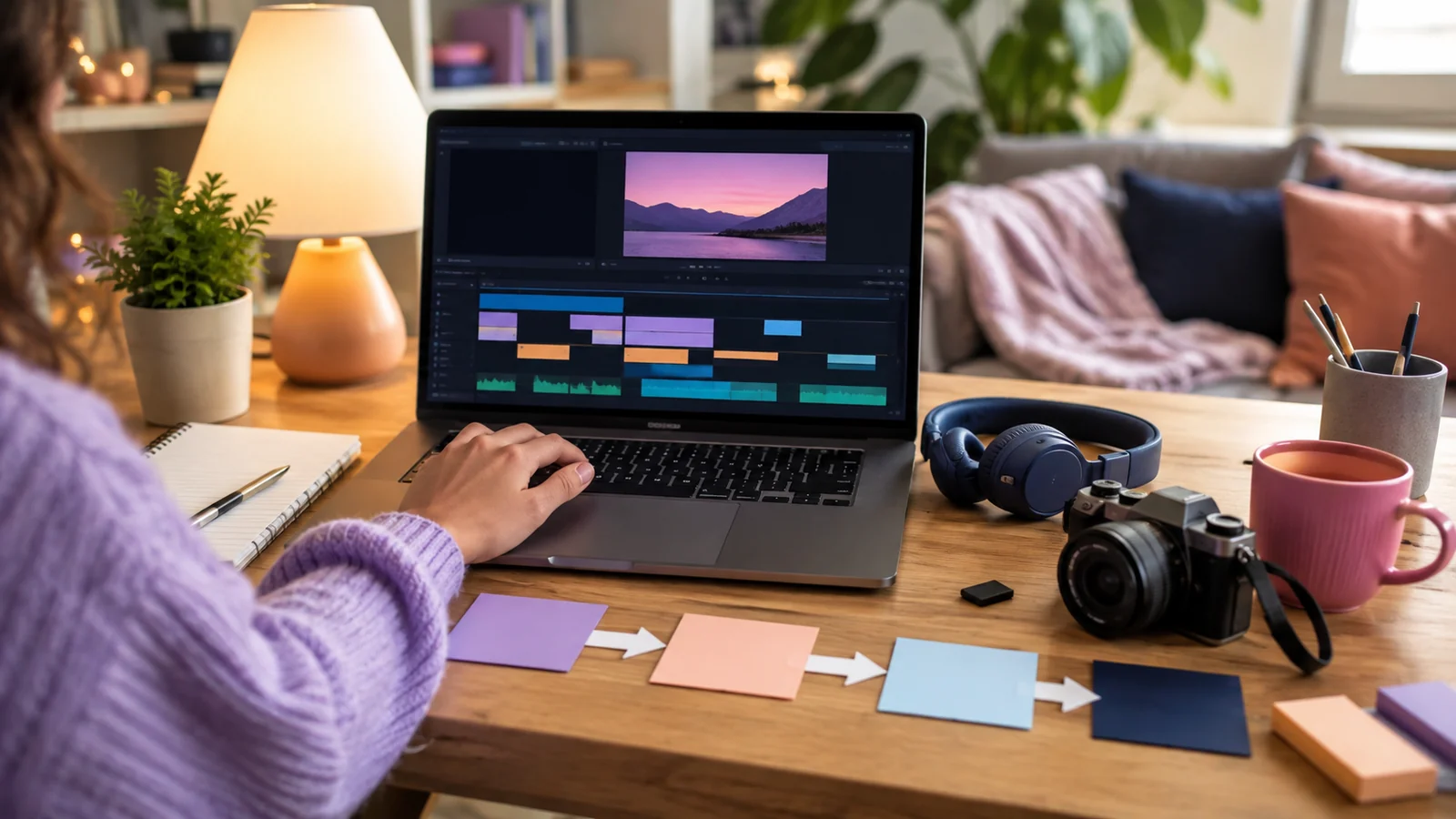 Débutante réalisant son premier montage vidéo sur un ordinateur portable